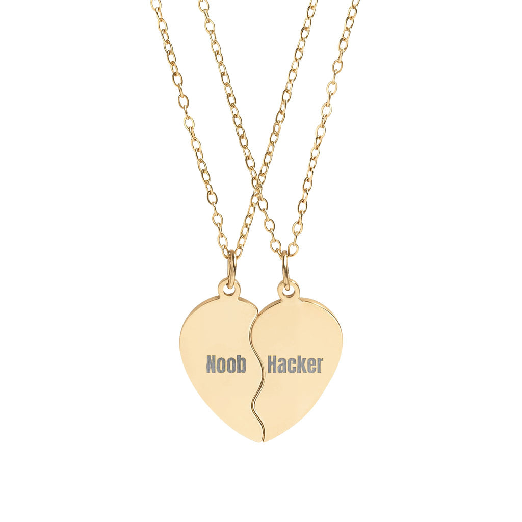 "Noob" & "Hacker" Engraved Matching Heart Necklace Set