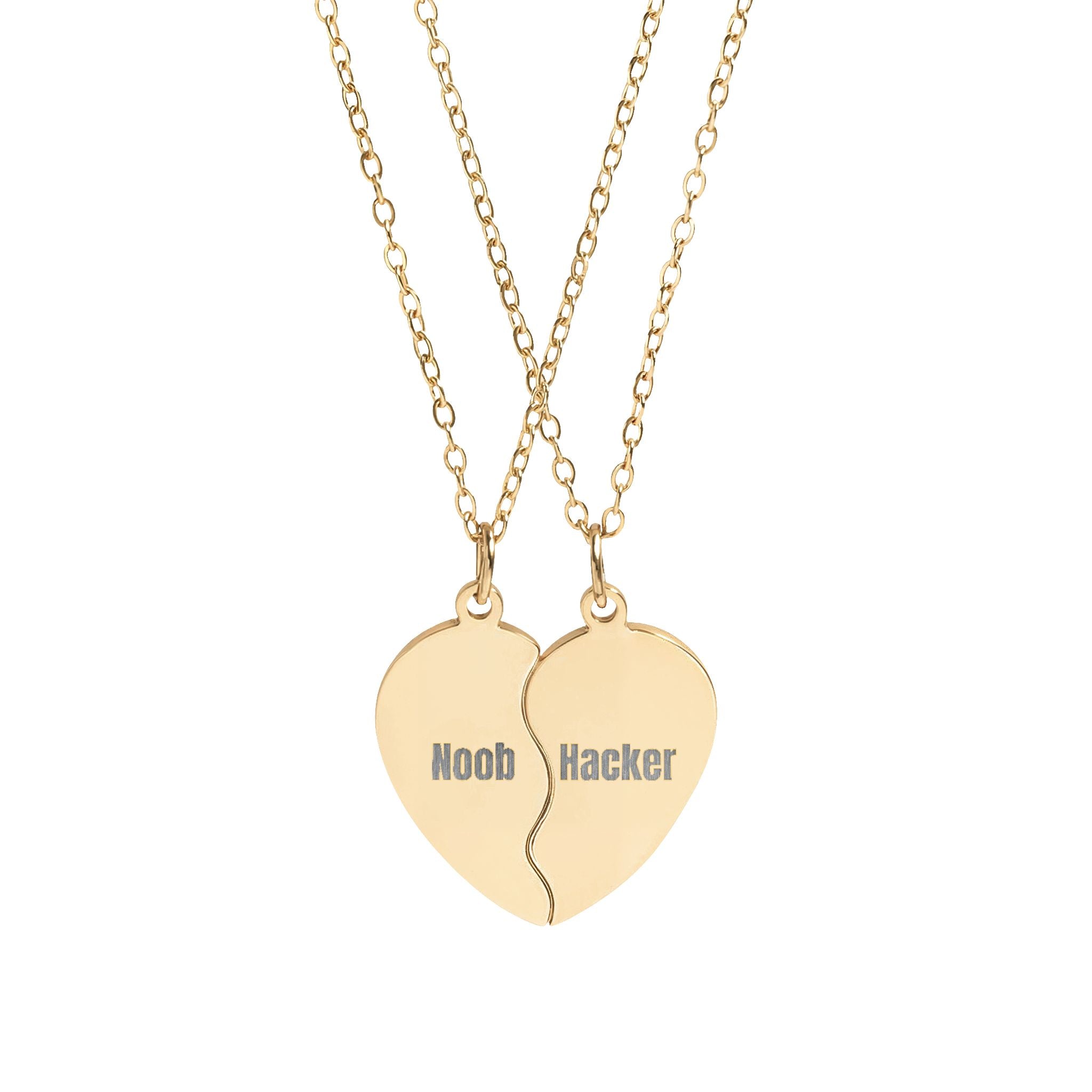 "Noob" & "Hacker" Engraved Matching Heart Necklace Set