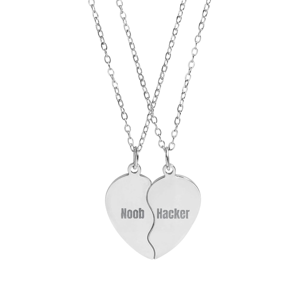 "Noob" & "Hacker" Engraved Matching Heart Necklace Set
