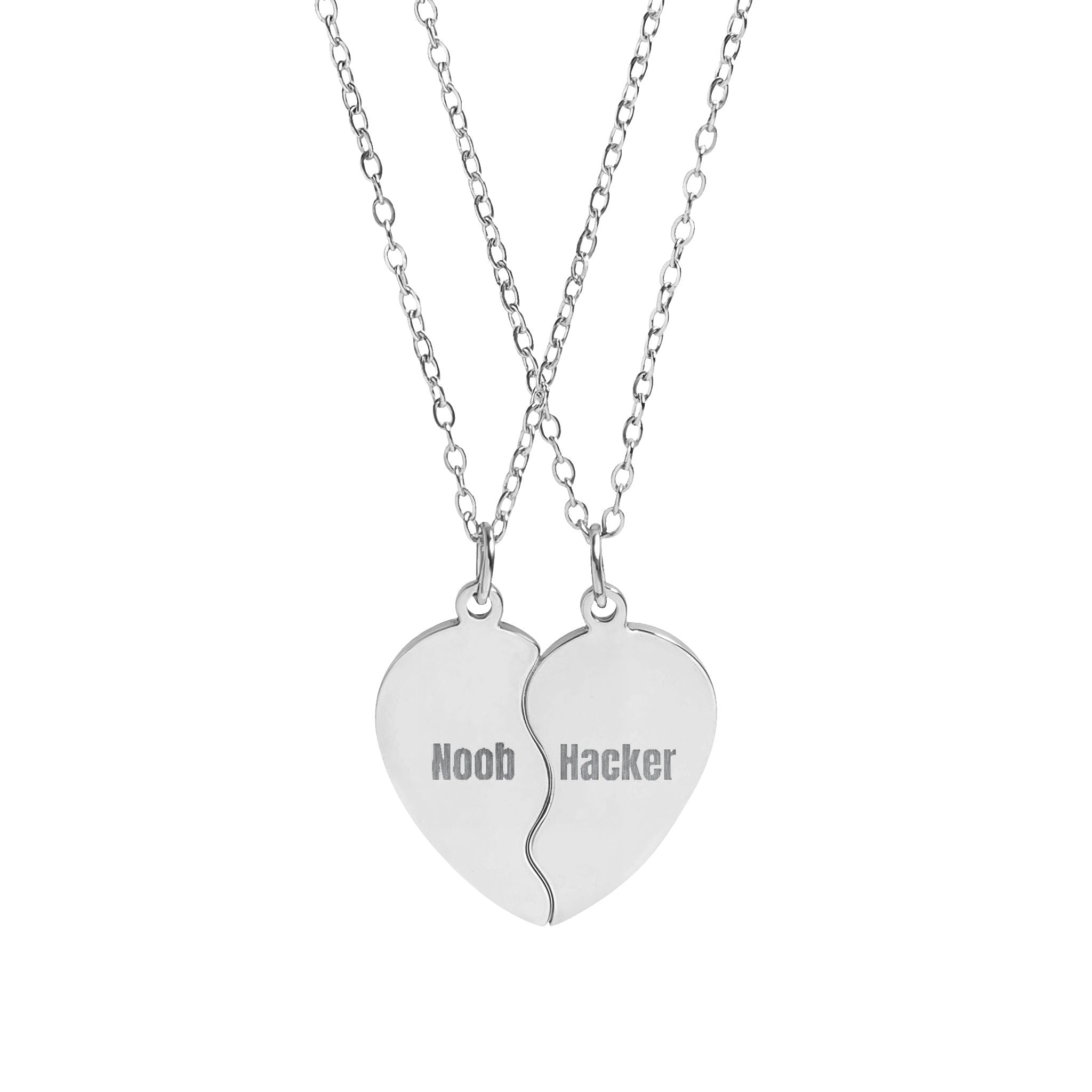 "Noob" & "Hacker" Engraved Matching Heart Necklace Set
