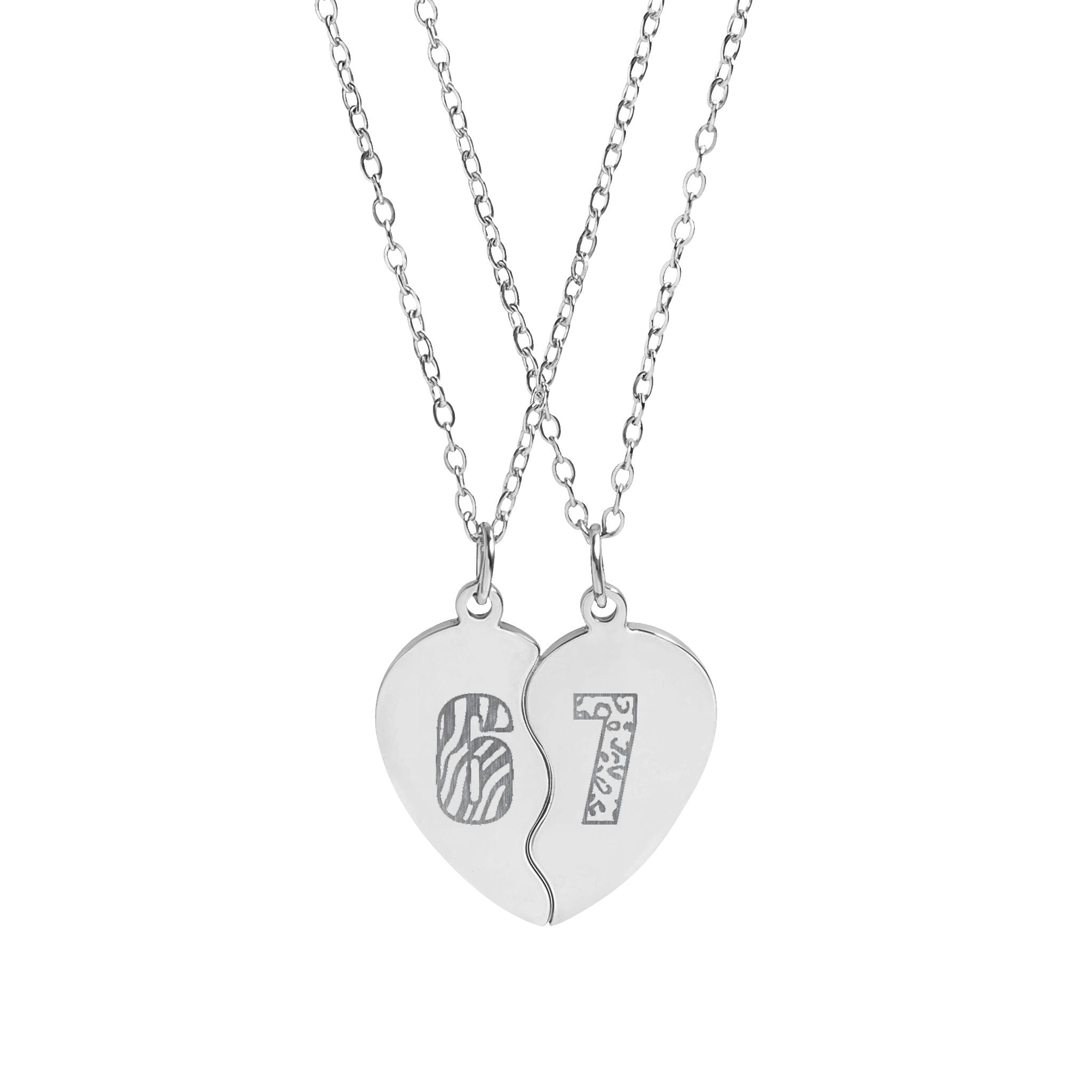 Zebra & Cheetah Print "6 7" Matching Heart Necklace Set