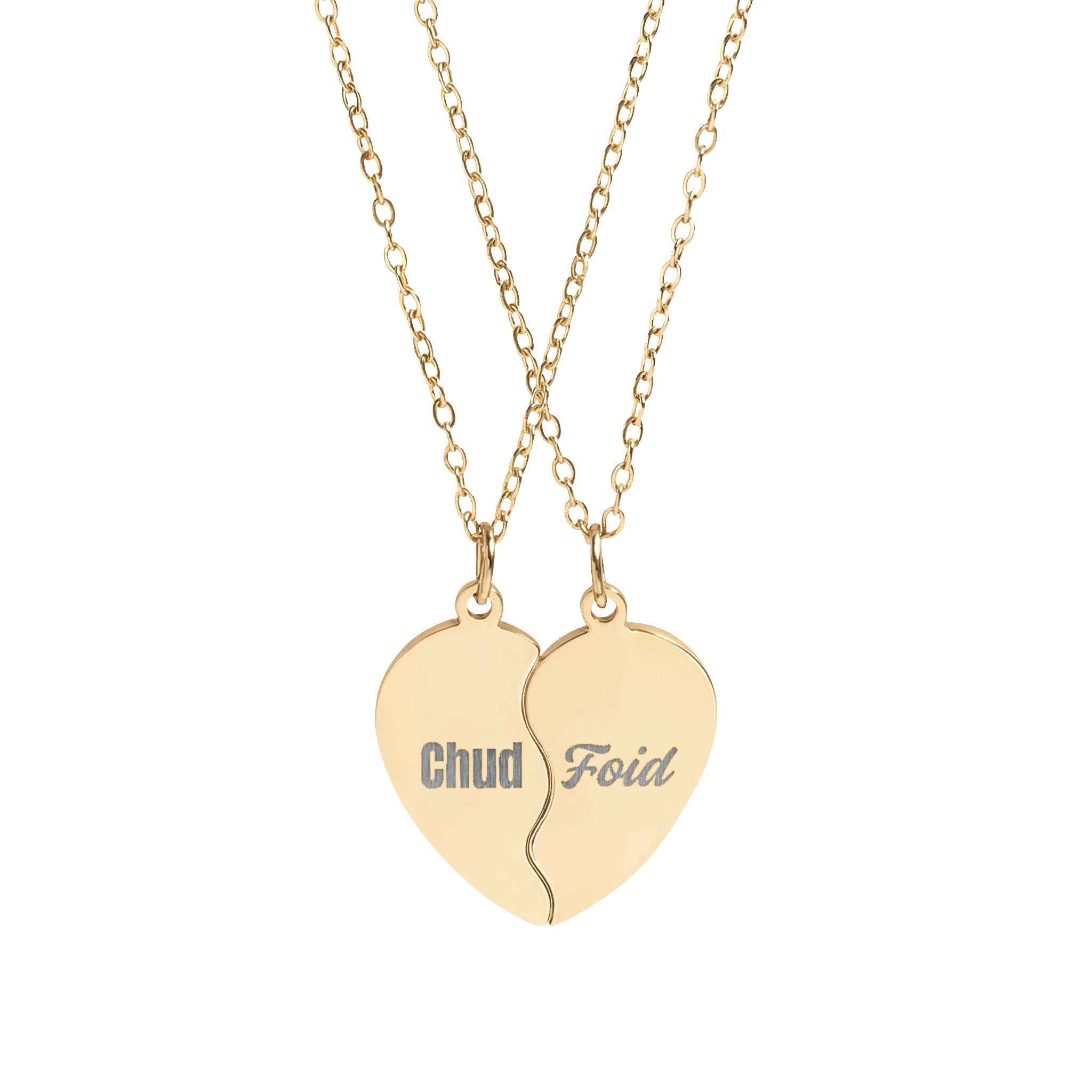 "Chud" & "Foid" Engraved Matching Heart Necklace Set