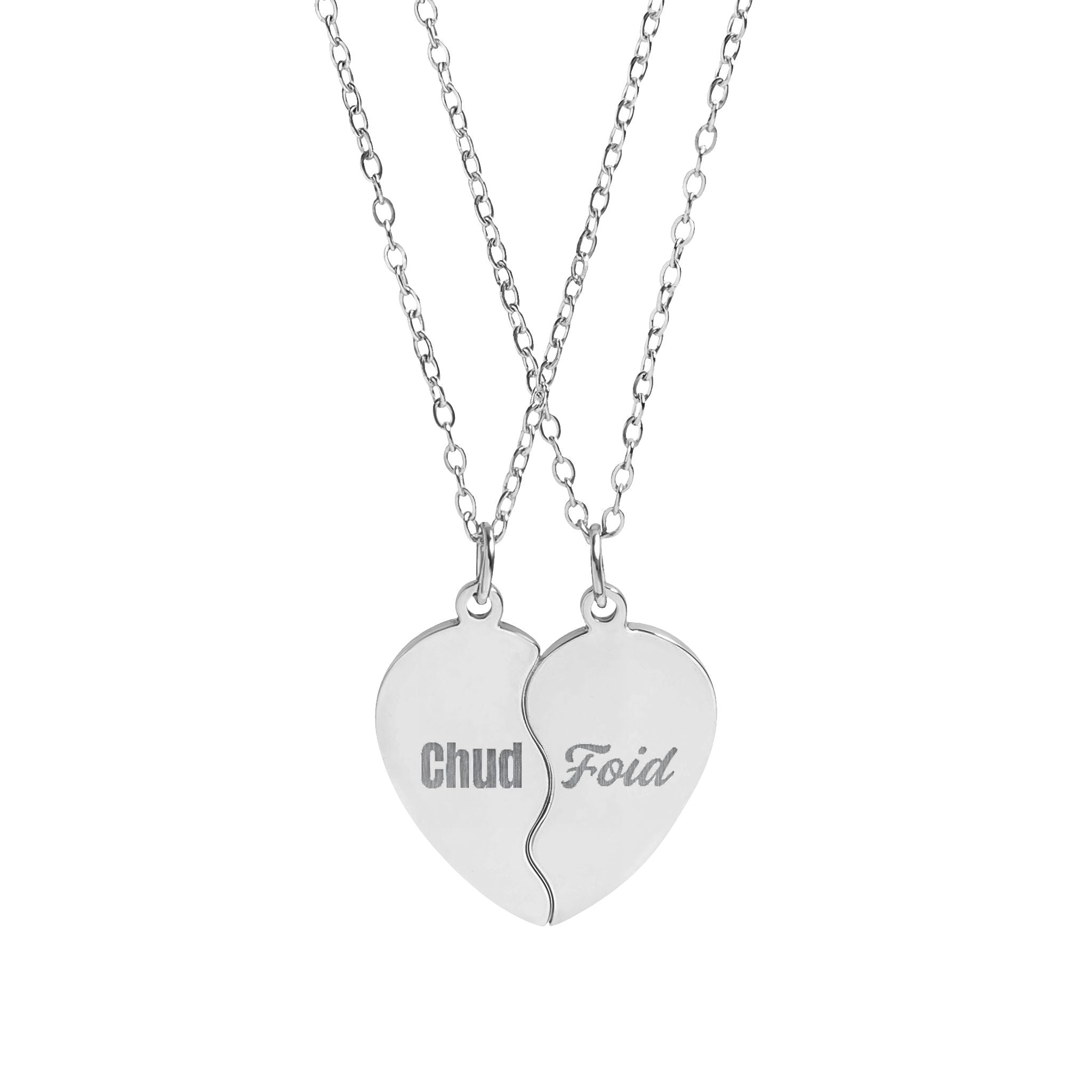 "Chud" & "Foid" Engraved Matching Heart Necklace Set