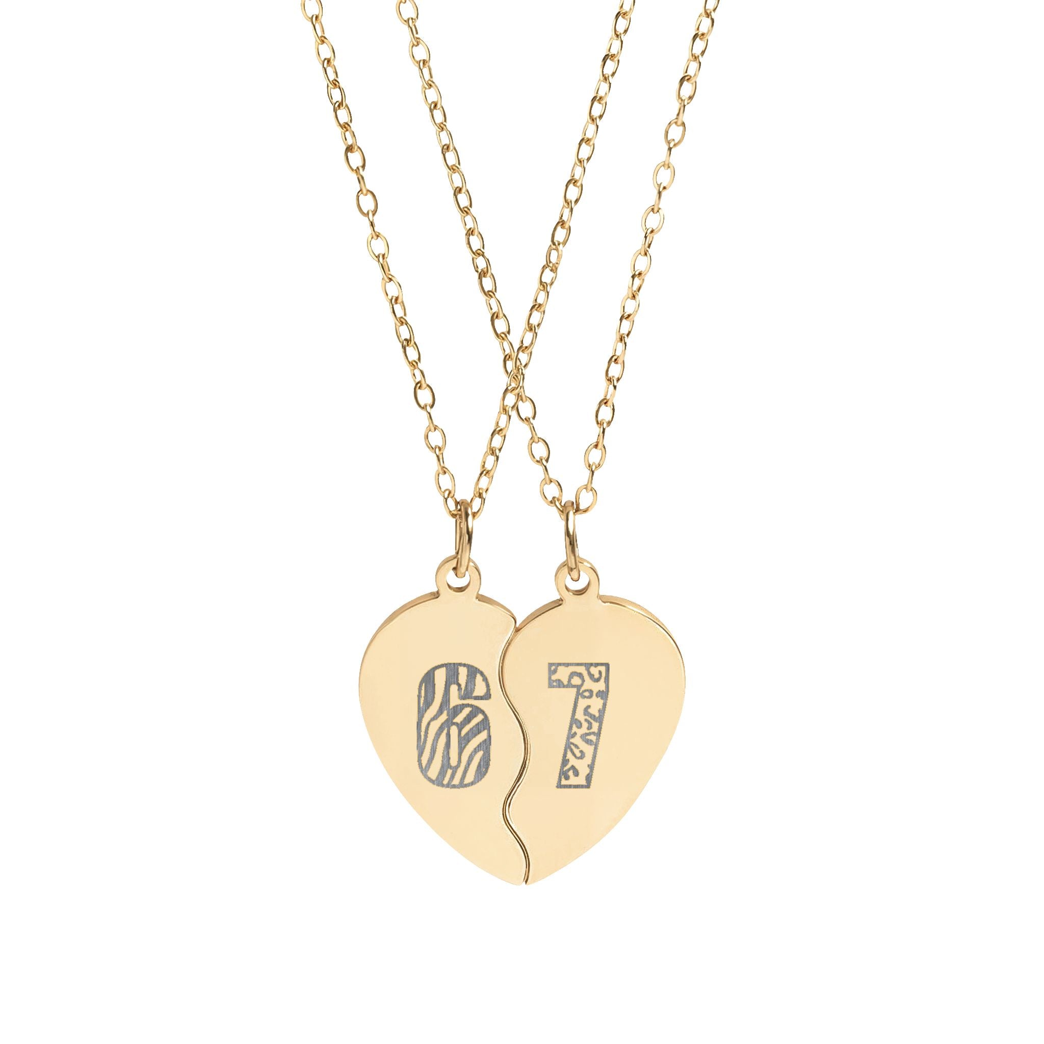 Zebra & Cheetah Print "6 7" Matching Heart Necklace Set
